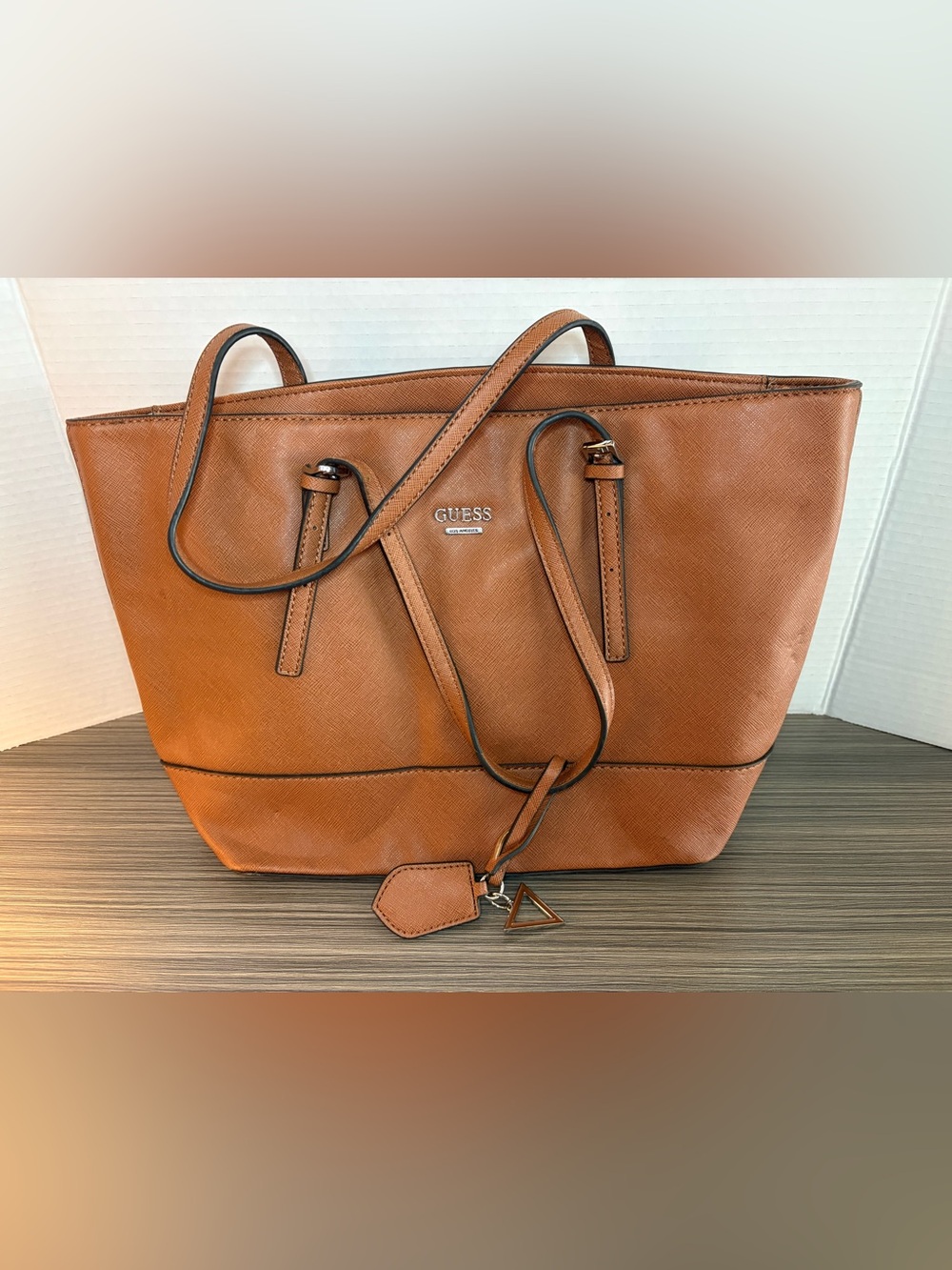 GUESS Brown cognac Vegan Leather Large Tote Shoulder Bag Purse Logo Charm